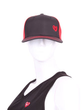 Load image into Gallery viewer, Black Hat + Red Heart &amp; Holey Red Back with the &quot;Love Love Tennis&quot; Heart and holey back is a stylish and functional accessory designed for tennis enthusiasts who want to combine fashion with functionality on the court. The hat is primarily black, which gives it a sleek and versatile appearance, making it suitable for various tennis outfits. At the front of the hat, prominently displayed, is the &quot;Love Love Tennis&quot; Heart logo. 
