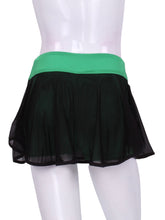 Load image into Gallery viewer, This Black Mesh on Green Shorties and waistband LOVE &quot;O&quot; Skirt has shorties underneath and NO seams on the &quot;O&quot;!  It&#39;s cut like a doughnut to show and move beautifully as you play.  The fabric is uber soft and light - it dries quickly - and protects from UV rays too.    The embroidery is Green + Black to match the skirt!  A very sheer skirt makes this the lightest and coolest of skirts!
