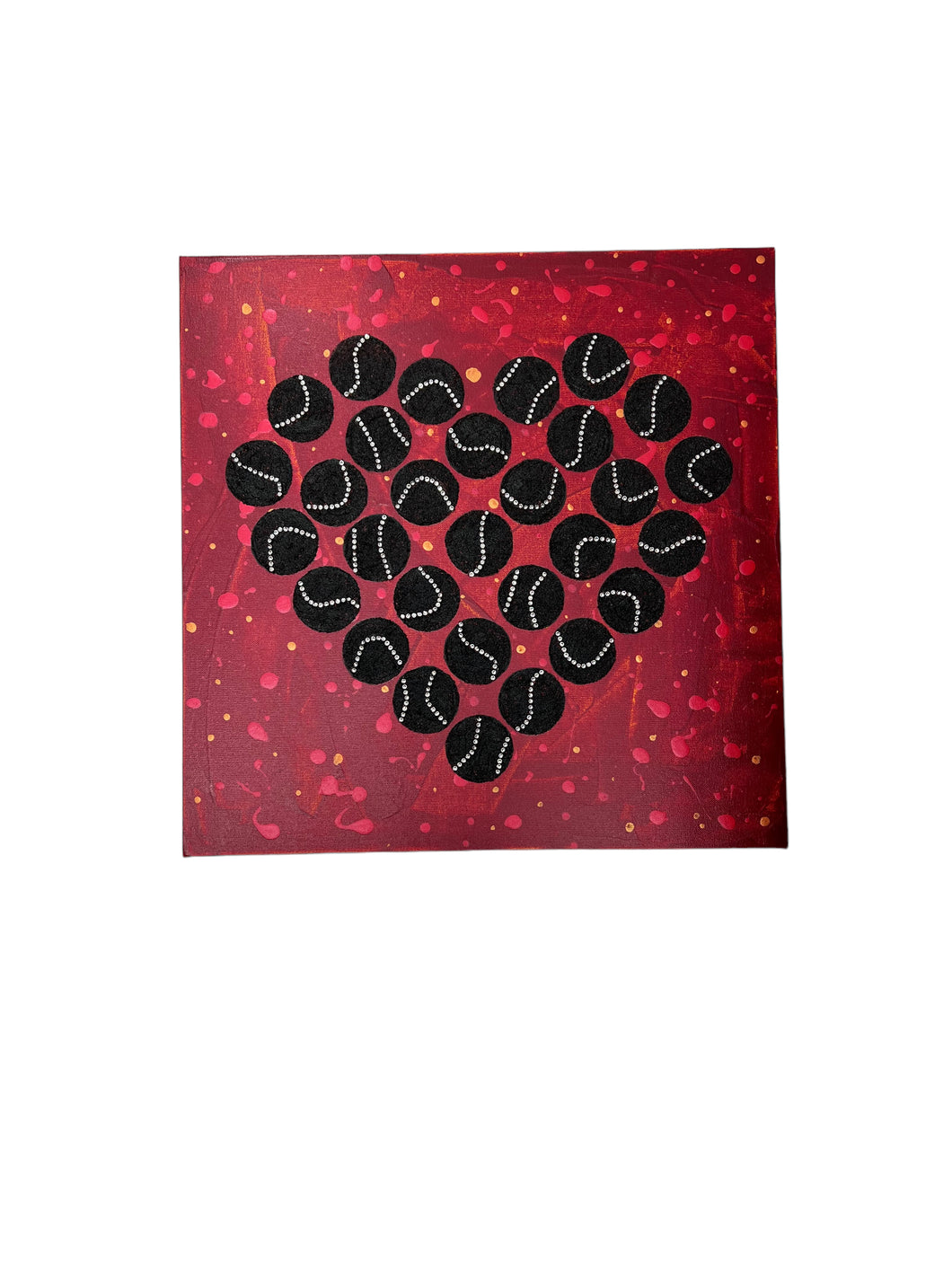 In Love With Tennis - Black Tennis Balls in Heart Shape Wall Art On Red