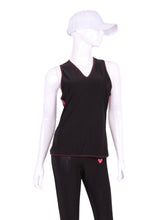 Load image into Gallery viewer, A fun tennis tank top - with Hearts - light mesh back - and quick-drying breathable fabric.  Vee front and tee back with two-needle cover stitches at each seam.   Smooth black binding and red stitching finishes the edges with a touch of sass.  
