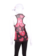 Load image into Gallery viewer, A fun tennis tank top - with Hearts - light mesh back - and quick-drying breathable fabric.  Vee front and tee back with two-needle cover stitches at each seam.   Smooth black binding and red stitching finishes the edges with a touch of sass.  
