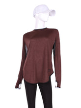 Load image into Gallery viewer, The most coverage of all my tops - with the Long Sleeve Crew Tee you can cover your chest AND your arms and back of hands thanks to the thumb hole.  This top is brown with black mesh to keep you aerated!
