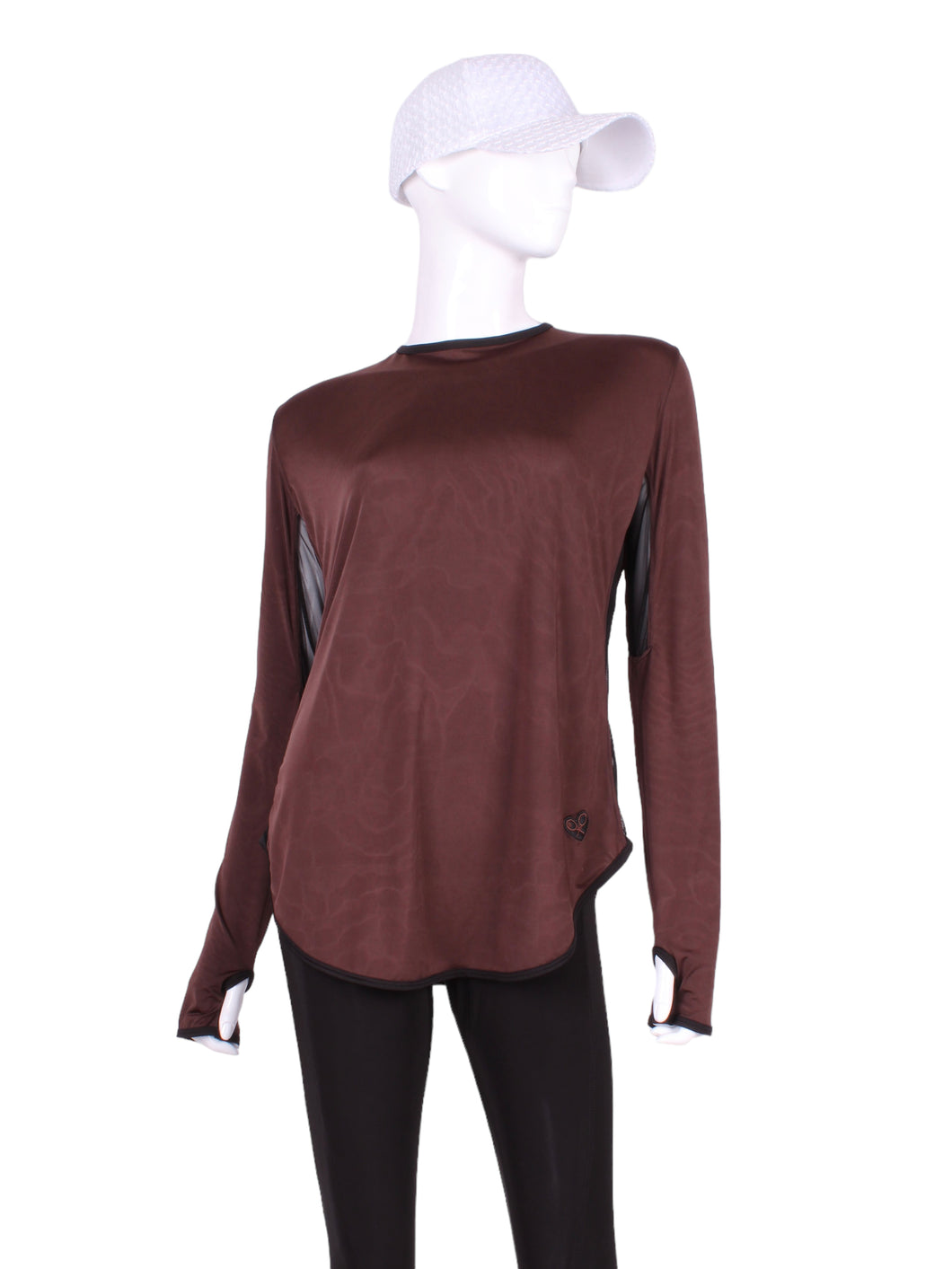 The most coverage of all my tops - with the Long Sleeve Crew Tee you can cover your chest AND your arms and back of hands thanks to the thumb hole.  This top is brown with black mesh to keep you aerated!