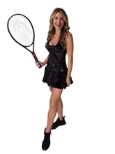 Load image into Gallery viewer, Meet my playful, fun, and very flirty tennis dress The Sandra Dee. I designed it just for you. A tennis player designing for tennis players!  Fits your desire to have a cute outfit, comfortable and sexy, and where you can keep your tennis balls off of your skin!  My exclusive back dry ball pocket looks like a cute tennis net - and more importantly, keeps the yellow fuzz off the thigh!
