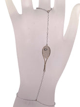 Load image into Gallery viewer, A unique and sexy solid gold racket and diamond ball hand jewel. A dainty chain, solid gold racket, and diamond tennis ball makes this piece special.   14k gold, made by fine artisans in Los Angeles.   Show your love for the sport, on and off the court.
