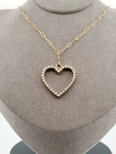 Load image into Gallery viewer, This luxurious necklace features a 1 inch gold heart covered in diamonds totalling over 1 karat.   Displays beautifully on an elegant solid gold paper clip chain. By LOVE LOVE TENNIS 
