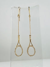 Load image into Gallery viewer, Custom exclusive design by Adeline a very unique pair of earrings.   The rackets are 1&quot; long and the earrings sit 2 1/2&quot; down.  The racket and hook are solid gold and adorned with many beautiful clear diamonds to make you &quot;shine&quot; on the court.  Very strong yet light enough to play in!
