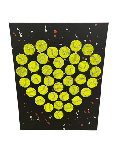 The Green Tennis Balls in Heart Shape Wall Art On Black is a visually striking and unique piece of artwork that combines sports imagery with a touch of romance