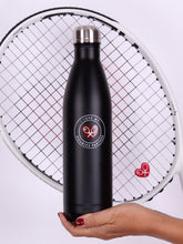 Load image into Gallery viewer, Black hot and cold drink container to keep your liquids cold or hot for 6+ hours!  This awesome bottle has the Heart + Rackets trademark logo of &quot;I ❤️  MY DOUBLES PARTNER!!!&quot; 
