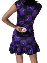 Load image into Gallery viewer, The Monroe Dress has capped sleeves, and moon-shaped ruching in the waistline to accentuate your curves.  This print is very limited, the Purple Pansy, with a flattering scoop neckline.  Glide around in your Court To Cocktail Tennis dress.  Handmade in Los Angeles.
