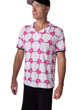 Load image into Gallery viewer, This is our limited edition Men’s Polo with Pink Hearts and Net.   This piece has a silky and soft fabric.   We make these in very small quantities - by design.  Unique.  Luxurious.  Comfortable.  Cool.  Fun.  All of the colors and patterns are LIMITED EDITION. Three pieces each size - once they are sold - we may or may not make them again exactly the same.
