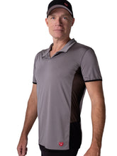 Load image into Gallery viewer, The luxury tennis Men&#39;s Polo Shirt in Grey With Mesh is a high-end athletic apparel piece designed for tennis enthusiasts who prioritize both style and performance. This polo shirt features a sophisticated grey color with strategically placed mesh panels for enhanced breathability and moisture-wicking properties. 
