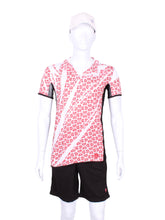 Load image into Gallery viewer, This is our limited edition Men’s Short Sleeve Polo Shirt Hand Pressed N/E/S/W Hearts On White With Black Mesh.  This piece has a silky and soft fabric.   We make these in very small quantities - by design.  Unique.  Luxurious.  Comfortable.  Cool.  Fun.
