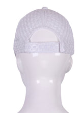 Load image into Gallery viewer, This hat is adorable.  It’s bright white and embroidered with our Trade Mark Heart and Rackets design with an adjustable Velcro back.  So very cute!  A very feminine tennis hat.
