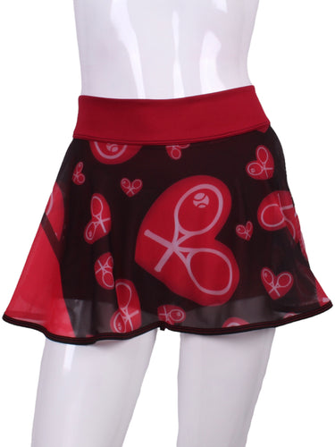 My all new Mondrian Mesh O Skirt  - feminine, soft and very cool!  Each skirt has soft shorties connected.  The mesh makes it very light and airy and carries my TM logo of the heart and rackets!  It is a little see through - allowing for the black shorties underneath to be seen a little.  