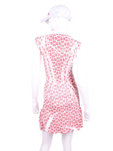Load image into Gallery viewer, The Monroe Dress Hand Pressed N/E/S/W Hearts On White, delicately shows your feminine curves. It is a fitted dress, until the bottom where there is a cute ruffle. These Hand Pressed American Flags pieces are very limited edition - only one made per size.
