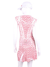 Load image into Gallery viewer, The Monroe Dress Hand Pressed N/E/S/W Hearts On White, delicately shows your feminine curves. It is a fitted dress, until the bottom where there is a cute ruffle. These Hand Pressed American Flags pieces are very limited edition - only one made per size.
