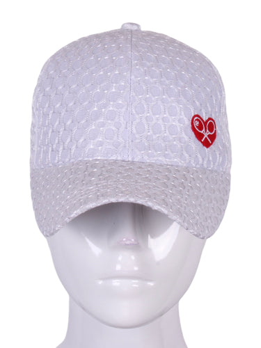 This hat is adorable.  It’s bright white and embroidered with our Trade Mark Heart and Rackets design with an adjustable Velcro back.  So very cute!  A very feminine tennis hat.