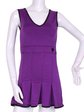 Load image into Gallery viewer, The Angelina Dress is from our sophisticated and elegant collections, for women with a flair for looking good.   Wear this stunning piece straight from the court....to cocktails.  This style is in our purple design, with a flattering v-neck neckline.
