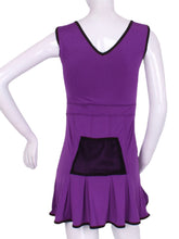 Load image into Gallery viewer, The Angelina Dress is from our sophisticated and elegant collections, for women with a flair for looking good.   Wear this stunning piece straight from the court....to cocktails.  This style is in our purple design, with a flattering v-neck neckline.
