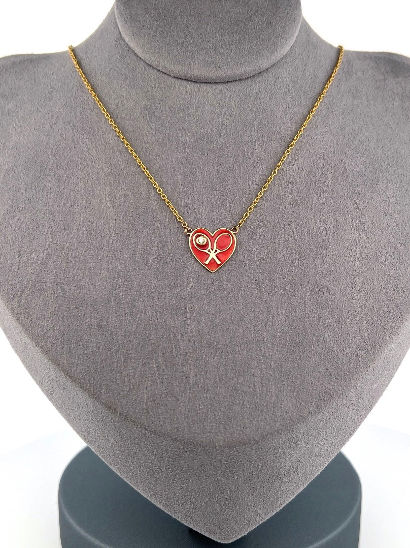 Red Enamel Heart + Diamond Gold Necklace Tennis Necklace