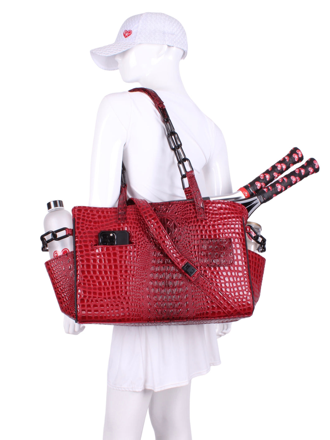 The Long Tennis Tote in Burgundy Vegan Alligator is our stylish, sexy and functional tennis bag designed to carry all your essentials for the game. 