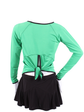 Load image into Gallery viewer, This is our limited edition Tie Back Long Sleeve Green Top  This piece has a silky and soft fabric and you can style and tie it by your own choice.   We make these in very small quantities - by design.  Unique.  Luxurious.  Comfortable.  Cool.  Fun. 
