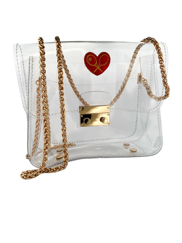 Wide Clear Handbag With Love Heart.  Elegant and lightweight clear handbag. Perfect for going out and it comes with a gift! Choose between a super cute Love Keyring or our elegant net measure.