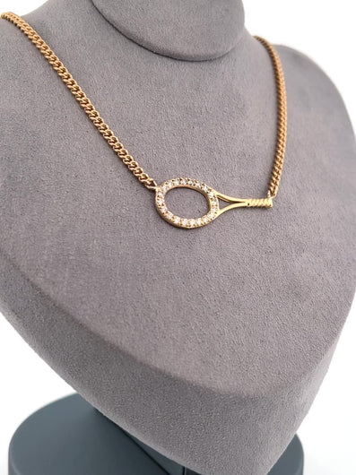 This luxuries necklace has a horizontal BIG gold tennis racket with diamonds.   With the dainty and very fancy shiny gold chain.   This racket design is exclusively mine and hand crafted by a team in downtown Los Angeles.