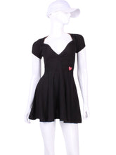Load image into Gallery viewer, The Adeline Court To Cocktails Tennis Dress Black Mesh On Black. The Adeline Dress offers a playful, fun, and very flirty look. Offers a sweetheart neckline, empire waist and flowing A-line skirt. It is perfect for tennis, running and golf (with our Leg Lengthening Leggings), and of course, a trip to your after-court party with your friends. It was designed for confident women like you!
