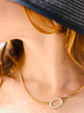 Load image into Gallery viewer, Big Diamond Galore Necklace. This luxuries necklace has a horizontal BIG gold tennis racket with diamonds.   With the dainty and very fancy shiny gold chain.   This racket design is exclusively mine and hand crafted by a team in downtown Los Angeles.
