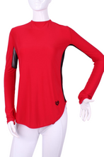 Load image into Gallery viewer, Longer Bright Red + Black Mesh Long Sleeve Crew Tee - I LOVE MY DOUBLES PARTNER!!!
