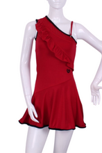 Load image into Gallery viewer, Flirty and alluring.  That&#39;s the Charmaine tennis dress.  Wear this sexy dress from the court to cocktails.  The off the shoulder neck, asymmetrical lines, and side slit make this our most sexy dress.  It is a fitted cut, but lined to give support, and is sewn with our silky soft stretchy fabric.  This dress is short, it sits high on the thigh.  This dress comes with its own one-sided matching soft bra to wear underneath.
