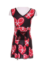 Load image into Gallery viewer, Huge Heart + Rackets on Black Angelina Dress. The Angelina Dress is from our sophisticated and elegant collections, for women with a flair for looking good. Our dress is fitted through the bodice, and flares out at the skirt. It is perfect for tennis, running and golf, and of course, a trip to your after-court party with your friends. It was designed for confident women like you!   This style is in our popular Heart + Rackets design, with a flattering v-neck neckline.
