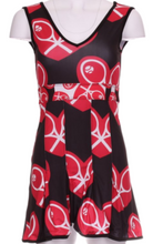 Load image into Gallery viewer, Huge Heart + Rackets on Black Angelina Dress. The Angelina Dress is from our sophisticated and elegant collections, for women with a flair for looking good. Our dress is fitted through the bodice, and flares out at the skirt. It is perfect for tennis, running and golf, and of course, a trip to your after-court party with your friends. It was designed for confident women like you!   This style is in our popular Heart + Rackets design, with a flattering v-neck neckline.
