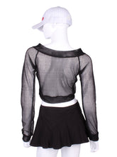 Load image into Gallery viewer, Black Fishnet Straight Back Vee Crop Top - I LOVE MY DOUBLES PARTNER!!!
