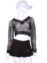 Load image into Gallery viewer, Black Fishnet Straight Back Vee Crop Top - I LOVE MY DOUBLES PARTNER!!!
