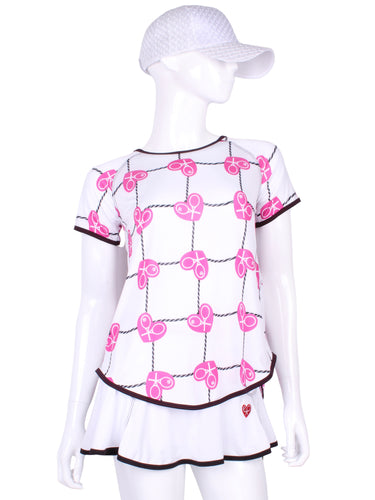 Tie Back Tee Short Sleeve Pink Hearts & Net - I LOVE MY DOUBLES PARTNER!!!