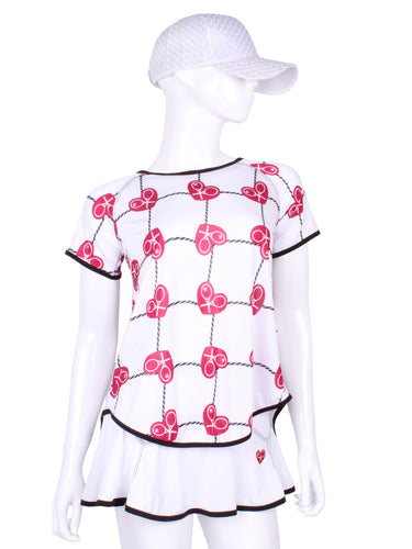 Tie Back Tee Short Sleeve Raspberry Red Hearts & Net - I LOVE MY DOUBLES PARTNER!!!