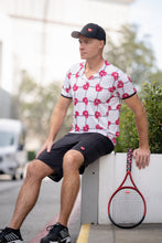 Load image into Gallery viewer, This is our limited edition Men’s Polo with Rasp Red Hearts and Net.   This piece has a silky and soft fabric.   We make these in very small quantities - by design.  Unique.  Luxurious.  Comfortable.  Cool.  Fun.
