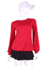 Load image into Gallery viewer, Solid Red Long Sleeve Warm Up Top This long sleeve top is the most feminine and flowing of my collection.  It is comfortable with binding on the neckline, poofy at the wrists and soft hem at the hips.  The fabrics are super soft yet warm.    Fully machine washable.  Hang to dry.  Designed by Adeline, and proudly sewn in Los Angeles from lovely imported fabric.
