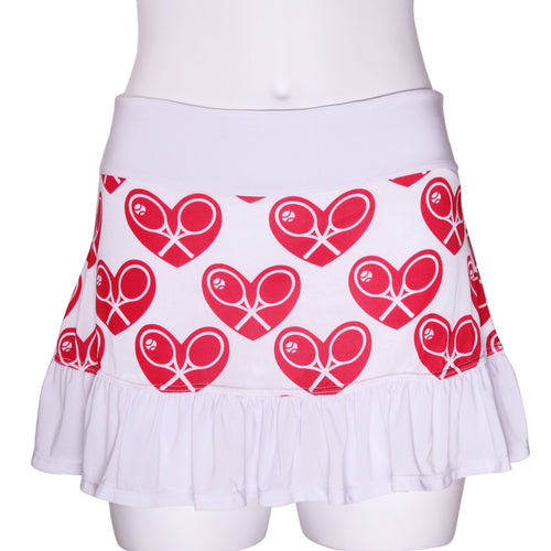 Ruffle Tennis Skirt Mid Heart on White - I LOVE MY DOUBLES PARTNER!!!