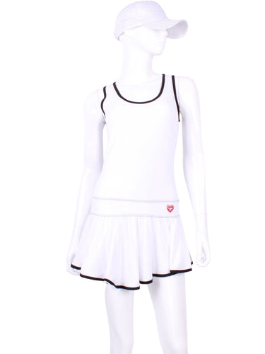 The Sandra Mee Dress offers a playful, fun, and very flirty look. Our dress is fitted, and flares out at the skirt with cute cut out ''O'' in the back. It is perfect for tennis, running and golf (with our Leg Lengthening Leggings), and of course, a trip to your after-court party with your friends. It was designed for confident women like you!