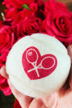 Load image into Gallery viewer, The cutest tennis balls ever.   The pressured white balls are handmade in Bath, England (where Adeline the designer was actually born) - and bear the LOVE LOVE TENNIS trademark Heart + Rackets Logo.
