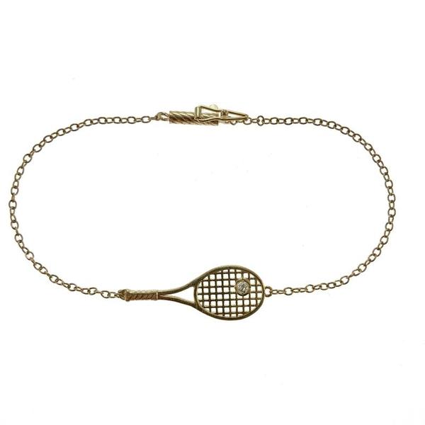 Yellow Gold Racket + Diamond Ball Tennis Lover's Bracelet - I LOVE MY DOUBLES PARTNER!!!
