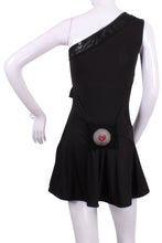 Load image into Gallery viewer, The Charmaine Court To Cocktails Tennis Dress in Black. Flirty and alluring.  That&#39;s the Charmaine tennis dress.  Wear this sexy dress from the court to cocktails.  The off the shoulder neck, asymmetrical lines, and side slit make this our most sexy dress.  It is a fitted cut, but lined to give support, and is sewn with our silky soft stretchy fabric.  This dress is short, it sits high on the thigh.  This dress comes with its own one-sided matching soft bra to wear underneath.
