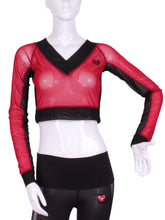 Load image into Gallery viewer, Red Mesh Vee Crop Top with Black Mesh - I LOVE MY DOUBLES PARTNER!!!
