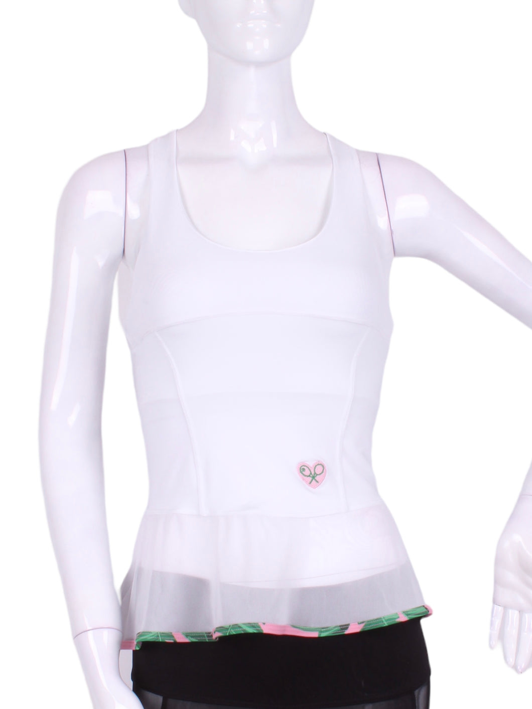 White Ruffle Tank Tennis Top with Pink and Green Trim - I LOVE MY DOUBLES PARTNER!!!