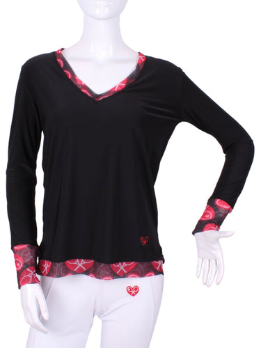 Black Long Sleeve Very Vee Tee with Heart Trim - I LOVE MY DOUBLES PARTNER!!!