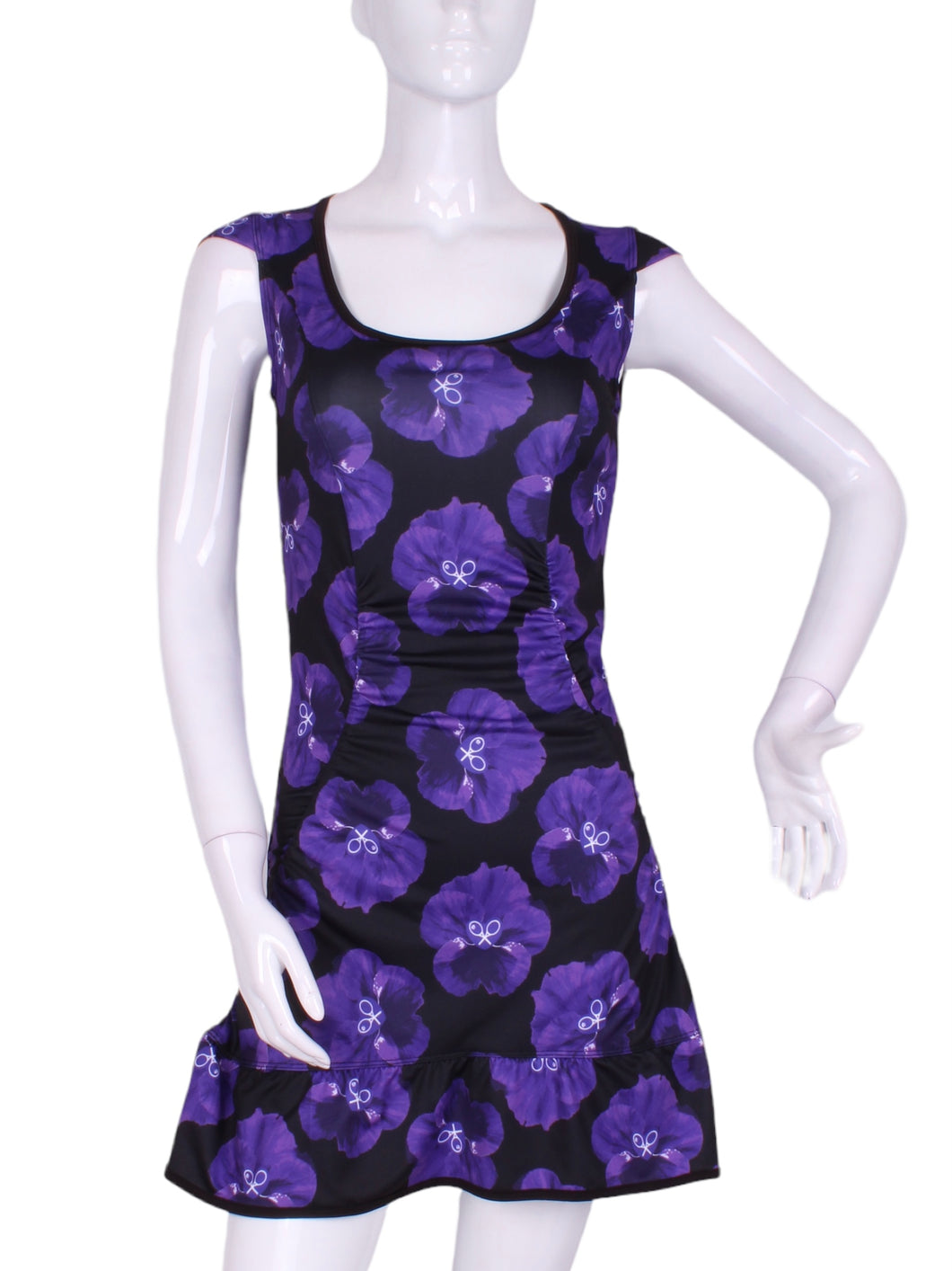 The Monroe Dress has capped sleeves, and moon-shaped ruching in the waistline to accentuate your curves.  This print is very limited, the Purple Pansy, with a flattering scoop neckline.  Glide around in your Court To Cocktail Tennis dress.  Handmade in Los Angeles.